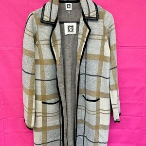 Plaid Open-Front Sweater Coat - Beige and Gray